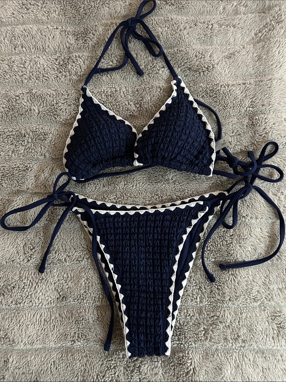 Sea Molly Navy Blue Triangle Tie Bikini with White Trim